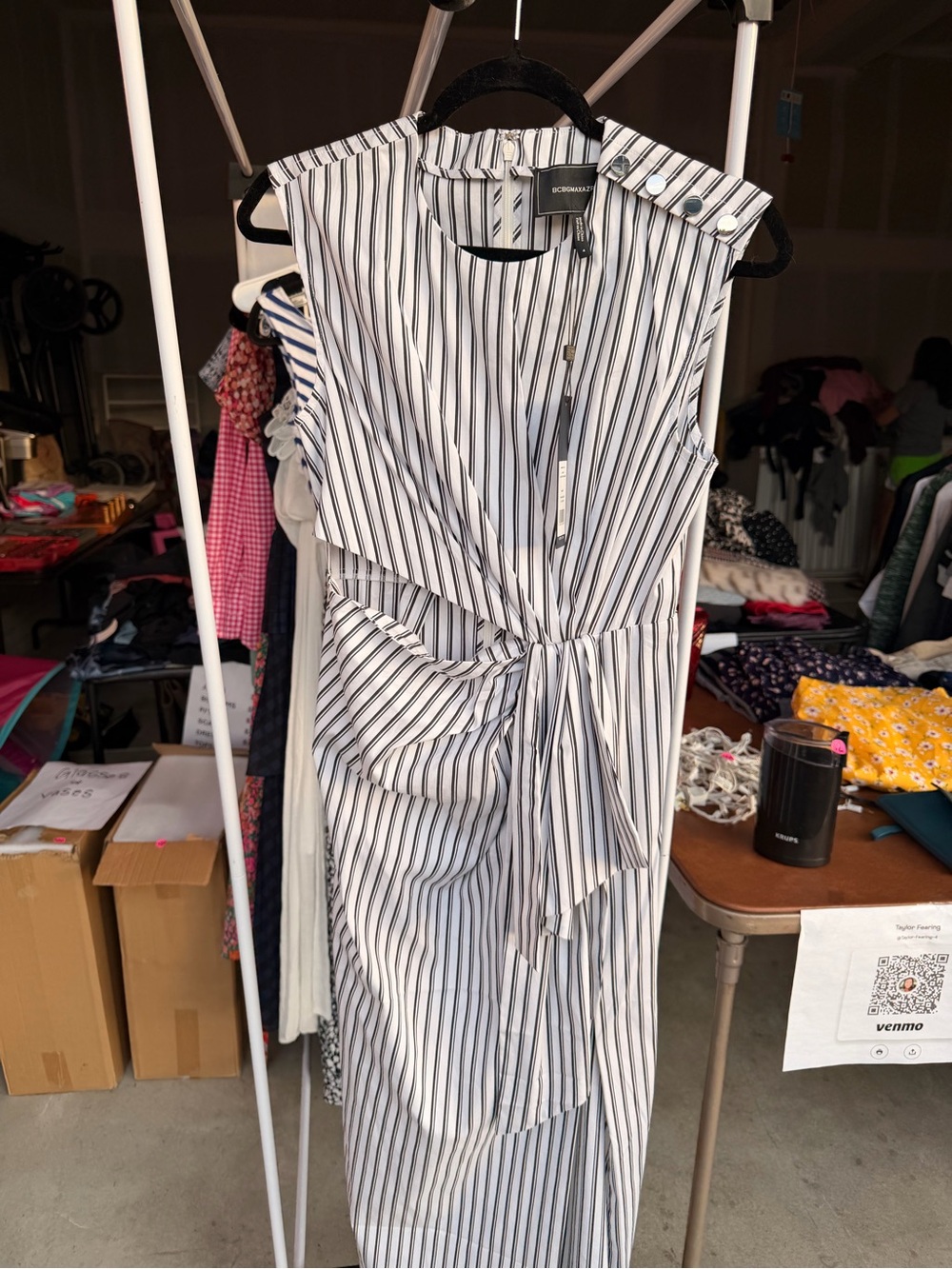 BCBGMaxAzria White and Black Striped Midi Tie-Waist Dress
